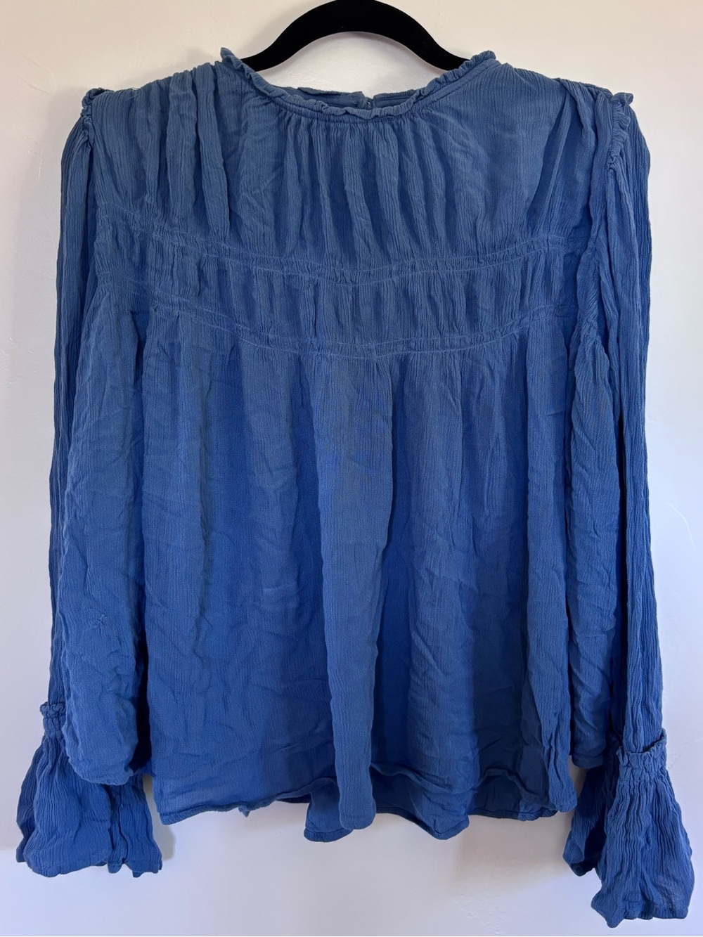 Free People Blue Gauze Peasant Blouse Boho Bell Sleeve Top L | A1